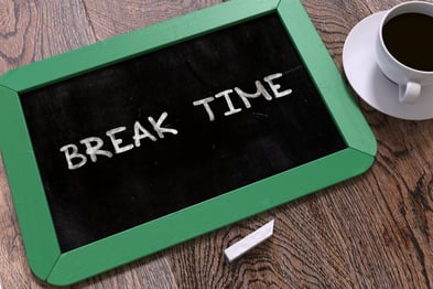 Break Time Handwritten on Green Chalkboard. Business Concept. Composition with Chalkboard and Cup of Coffee. Top View Image. 3D Render.